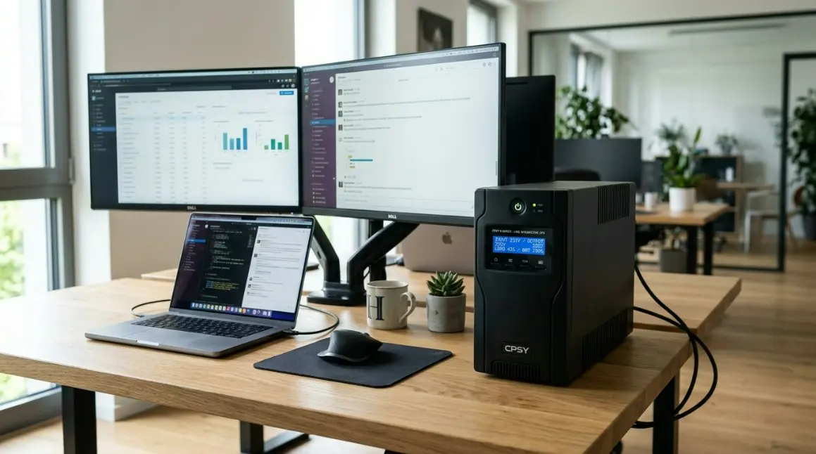 A sleek, professional SHANGYU POWER CHINA S series Line Interactive UPS unit placed on a modern European office desk next to a MacBook and a multi-monitor setup.