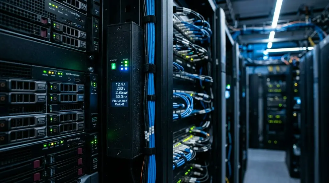 A high-tech, modern server rack inside a glowing data center, showcasing integrated Smart PDUs with digital displays showing real-time metrics.
