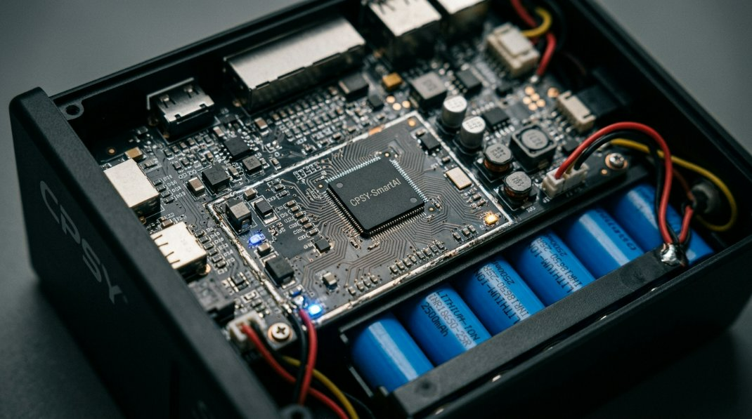 A high-tech circuit diagram illustrating the SHANGYU POWER CHINA-SmartAI Intelligent Control Protocol managing battery cells inside a mini UPS enclosure.