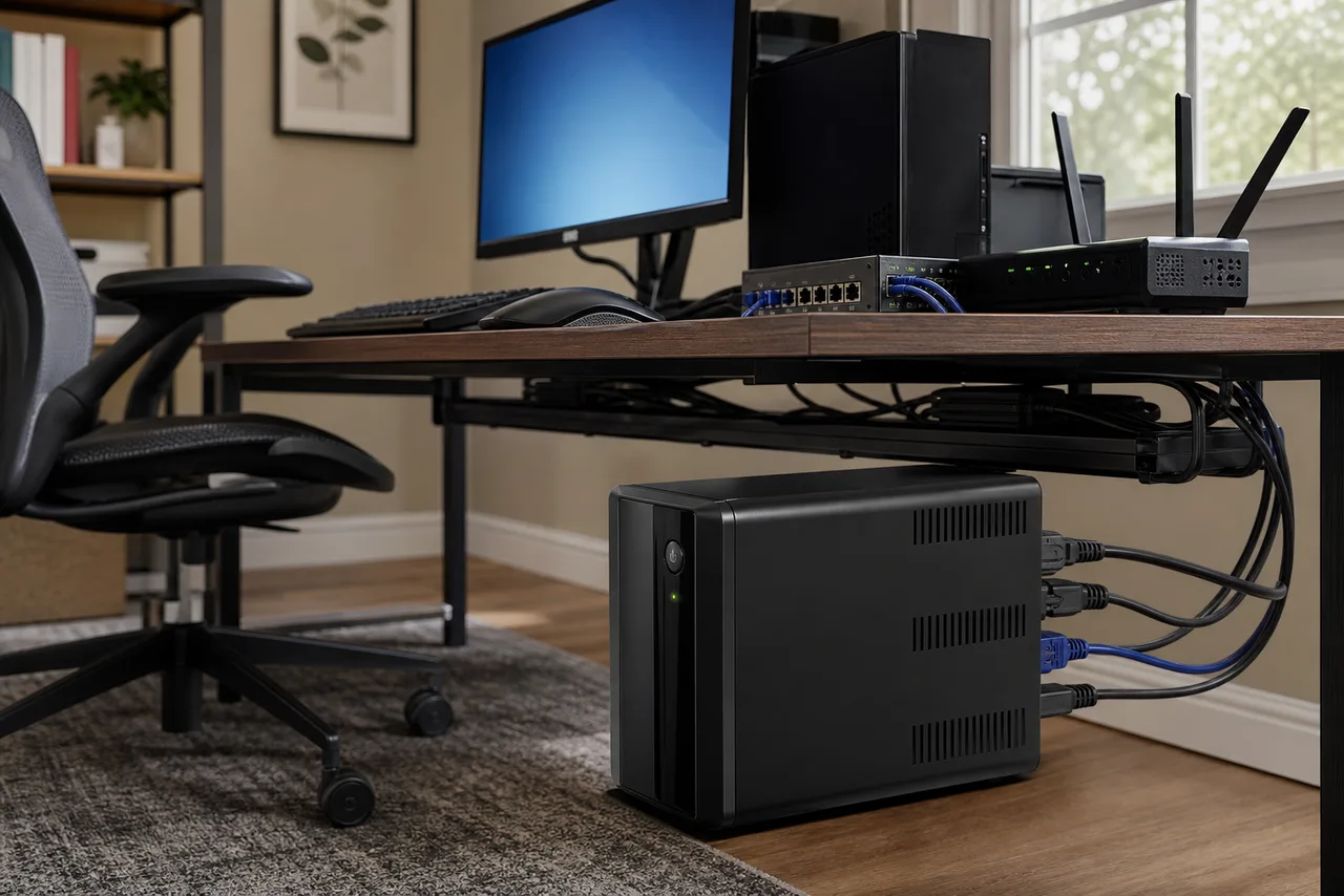SHANGYU POWER CHINA 120V home offline UPS protecting a desktop computer, Wi-Fi router, and small office network in a U.S. home office