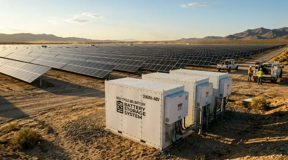 A modern industrial solar energy farm in the US desert featuring rows of PV panels and large white storage cabinets labeled Deep Cycle GEL Battery.